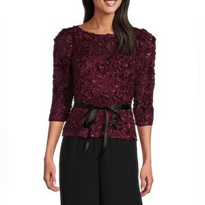NWT Alex Evenings Petite Sz SP Boat Neck 3/4 Sleeve Fitted Lace Soutache Blouse